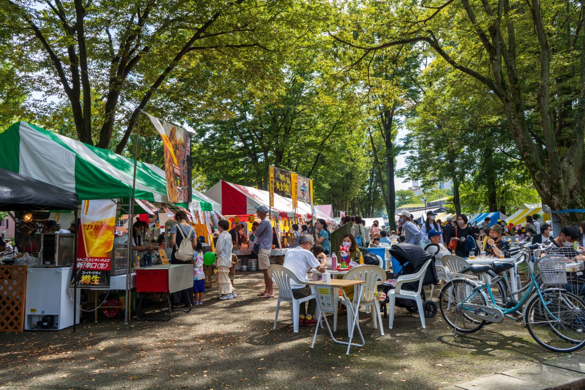 富山城址公園東側広場に飲食店のテントが並ぶ星空バザールの様子