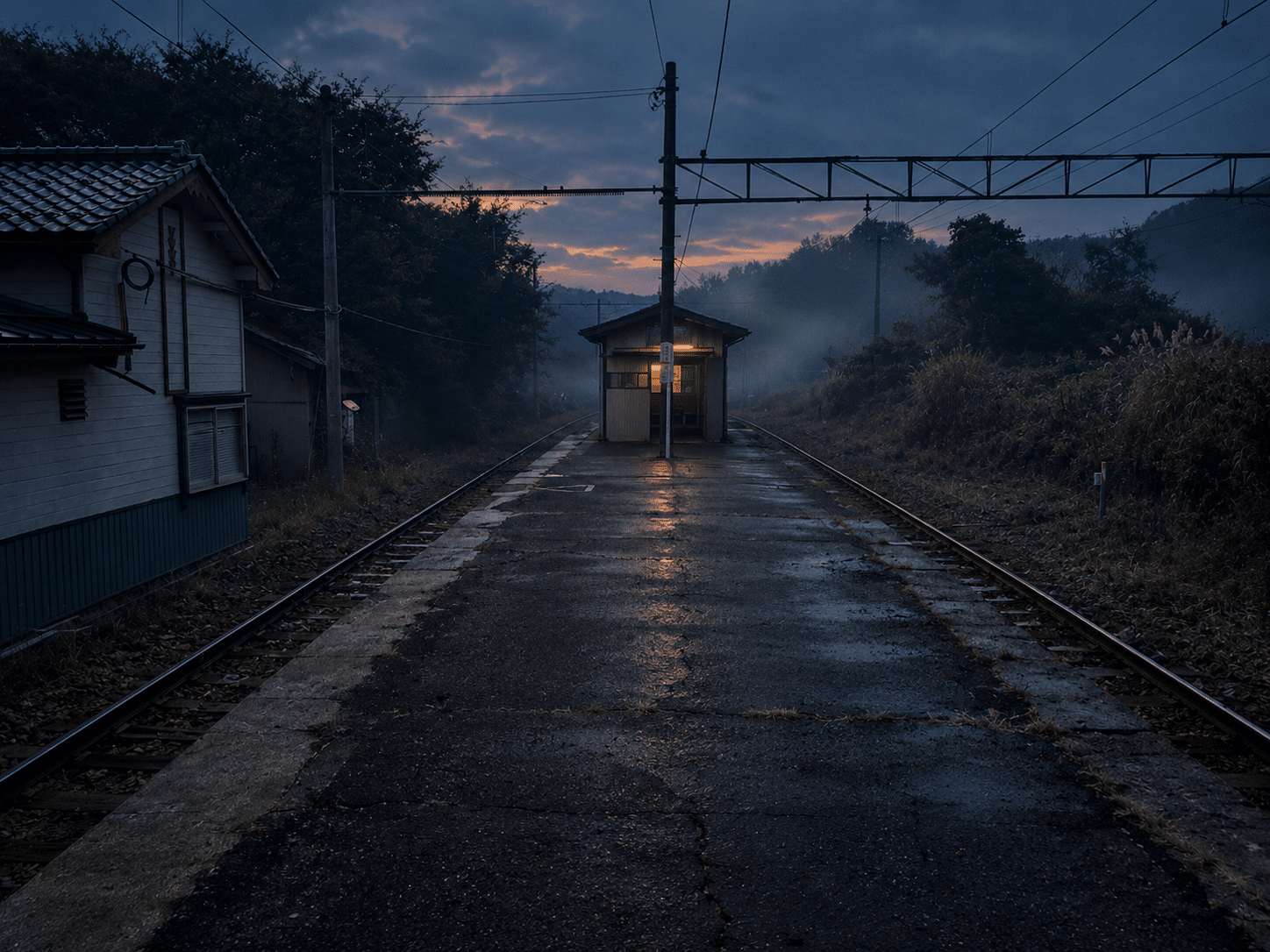 Image of the platform at Arimineguchi Station at night.